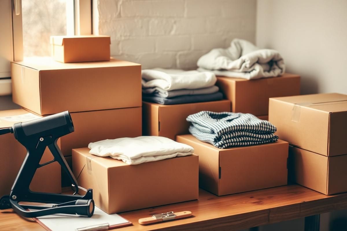 Packing station with kraft boxes and folded garments